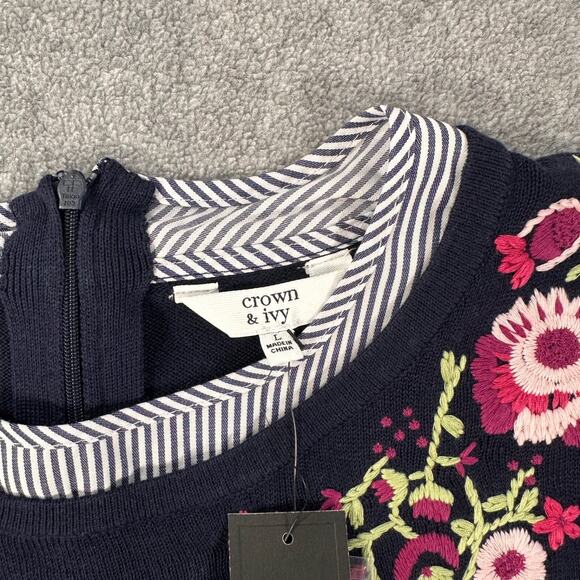Crown & Ivy Layered Sweater Floral Embroidered Women's Large Navy Blue Stripe - Picture 5 of 9